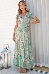 Georgina Midi Dress - V Neck Wrap Dress with Cap Flutter Sleeves in Emerson Print