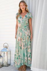 Georgina Midi Dress - V Neck Wrap Dress with Cap Flutter Sleeves in Emerson Print