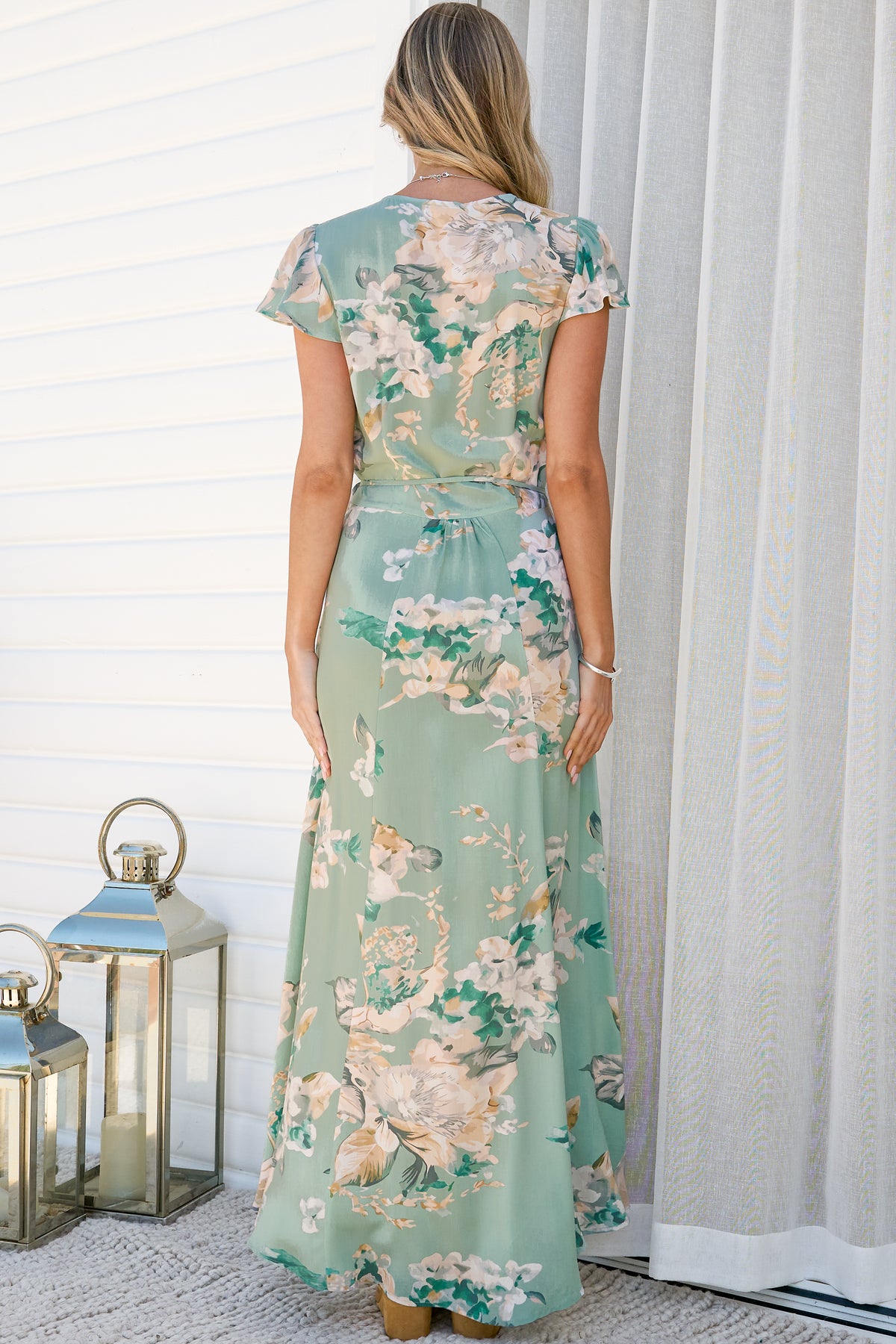 Georgina Midi Dress - V Neck Wrap Dress with Cap Flutter Sleeves in Emerson Print
