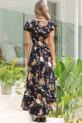 Georgina Midi Dress - V Neck Wrap Dress with Cap Flutter Sleeves in Paska Print