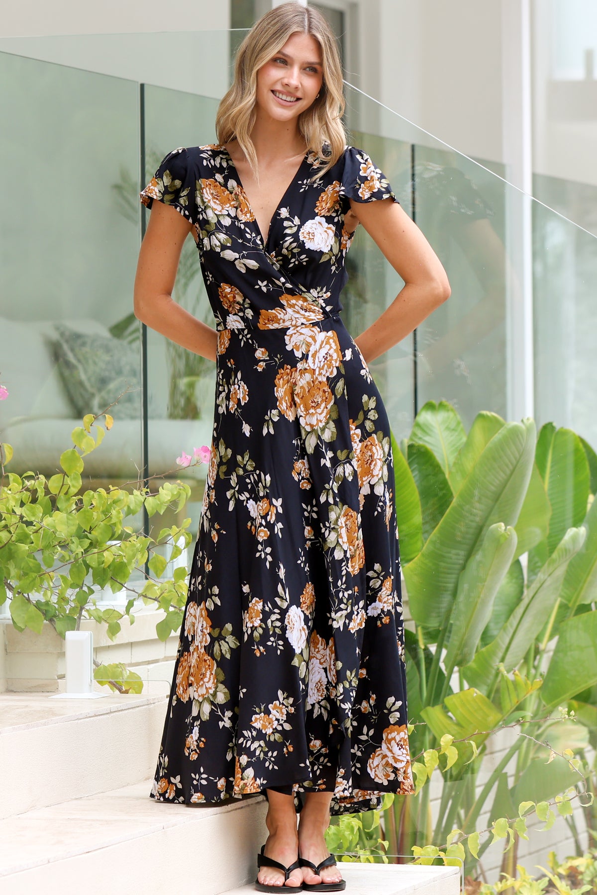 Georgina Midi Dress - V Neck Wrap Dress with Cap Flutter Sleeves in Paska Print
