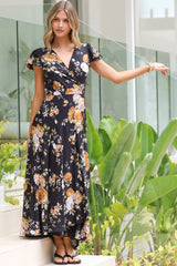 Georgina Midi Dress - V Neck Wrap Dress with Cap Flutter Sleeves in Paska Print