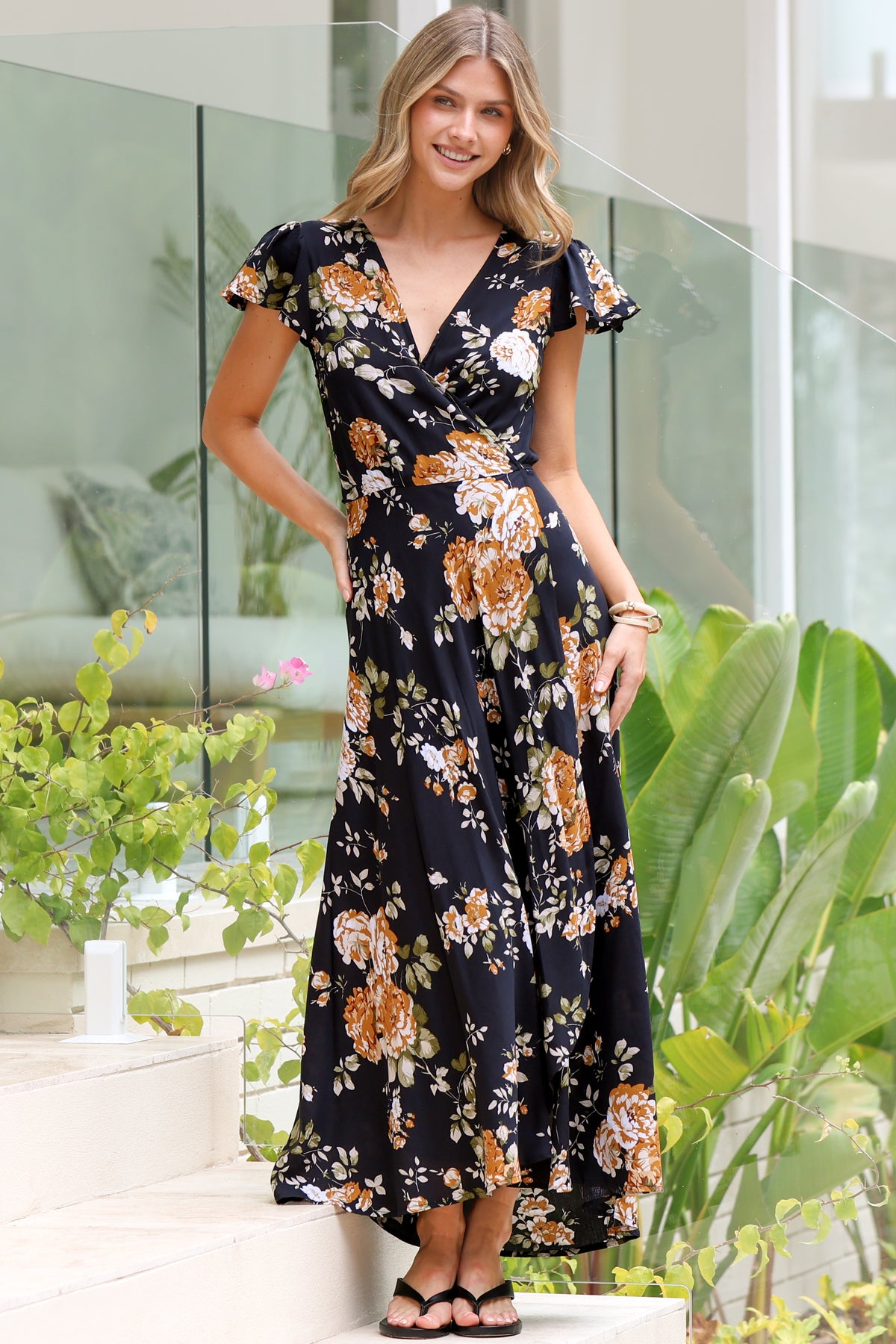 Georgina Midi Dress - V Neck Wrap Dress with Cap Flutter Sleeves in Paska Print