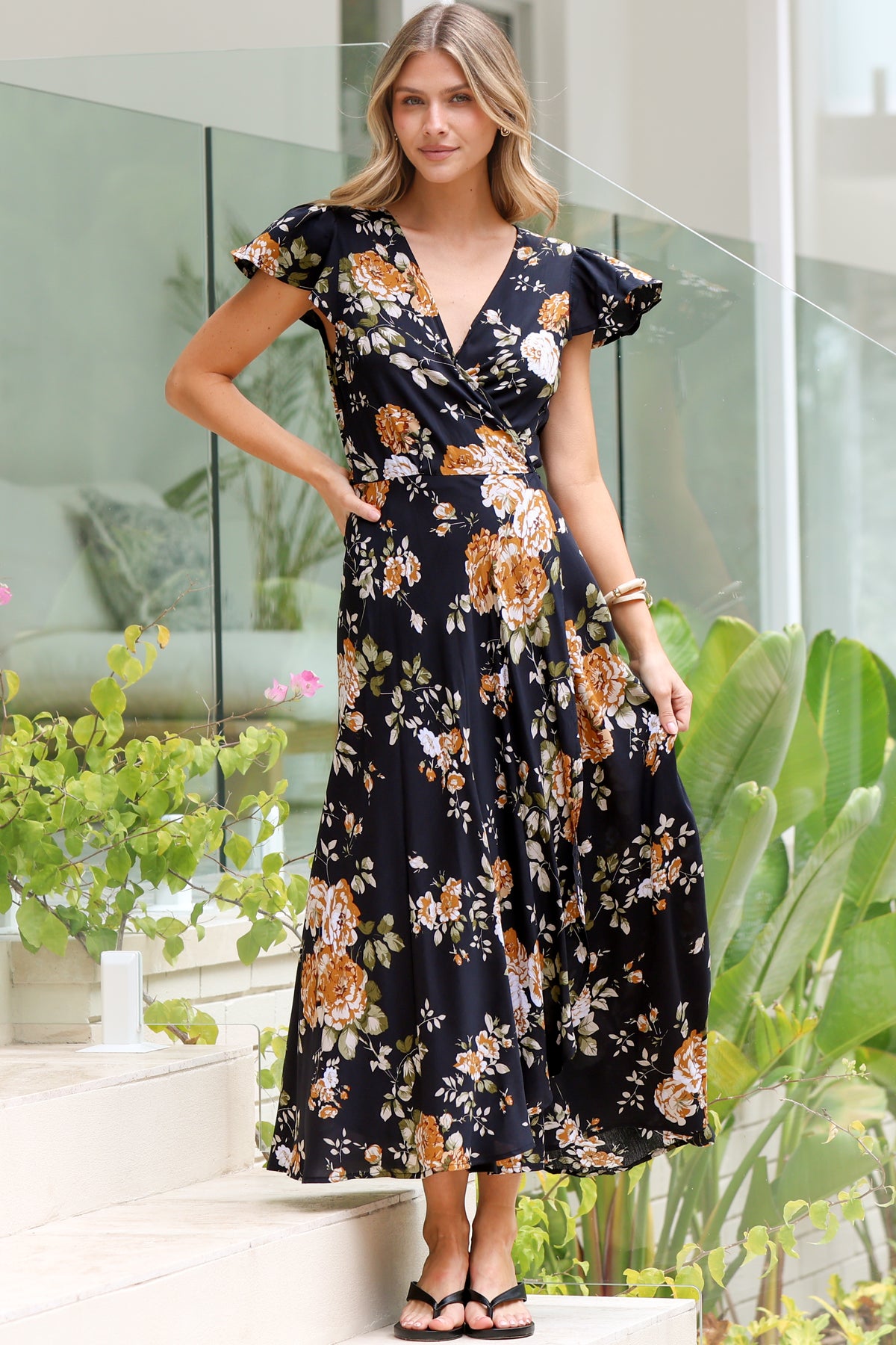 Georgina Midi Dress - V Neck Wrap Dress with Cap Flutter Sleeves in Paska Print