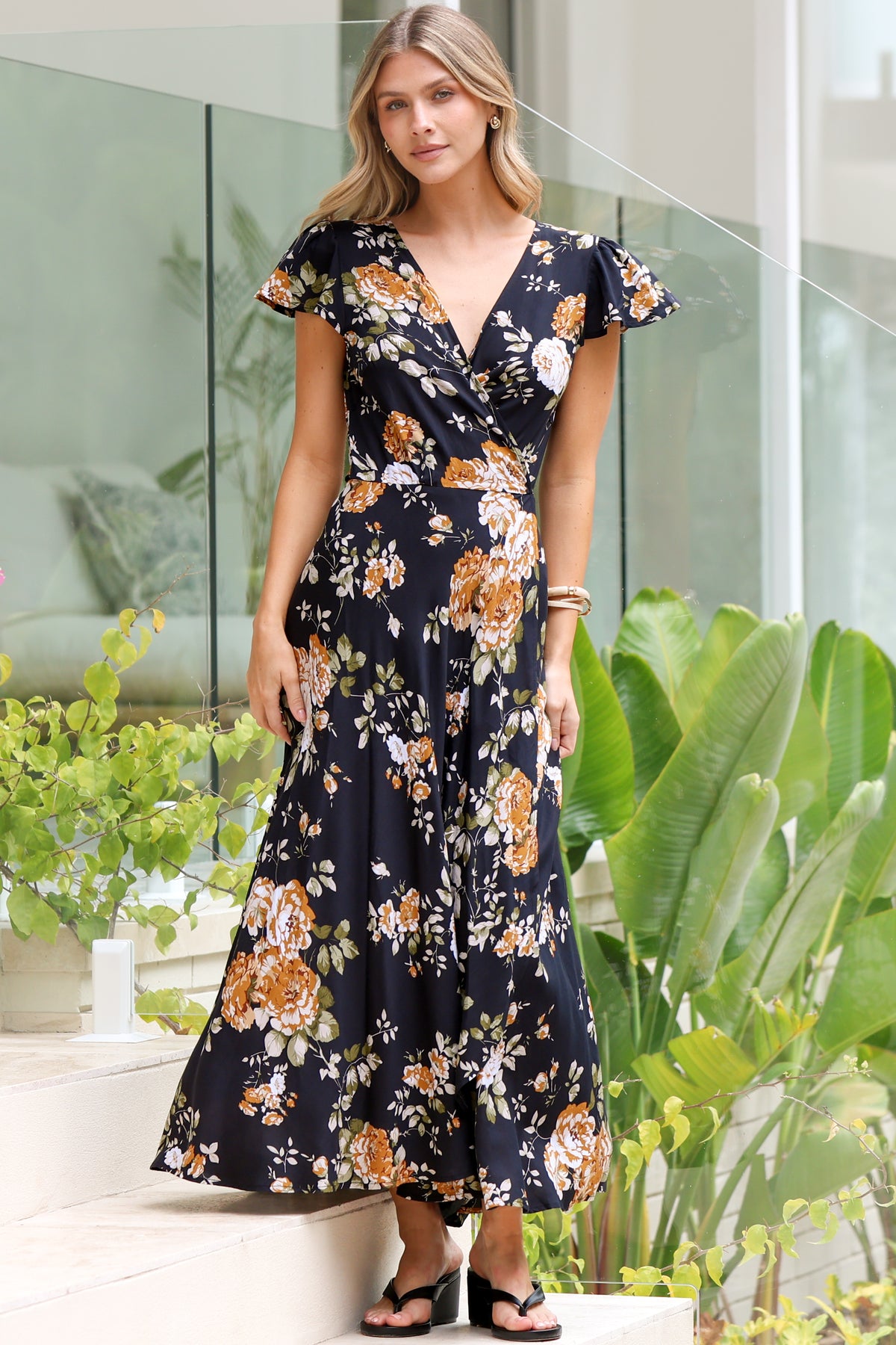 Georgina Midi Dress - V Neck Wrap Dress with Cap Flutter Sleeves in Paska Print
