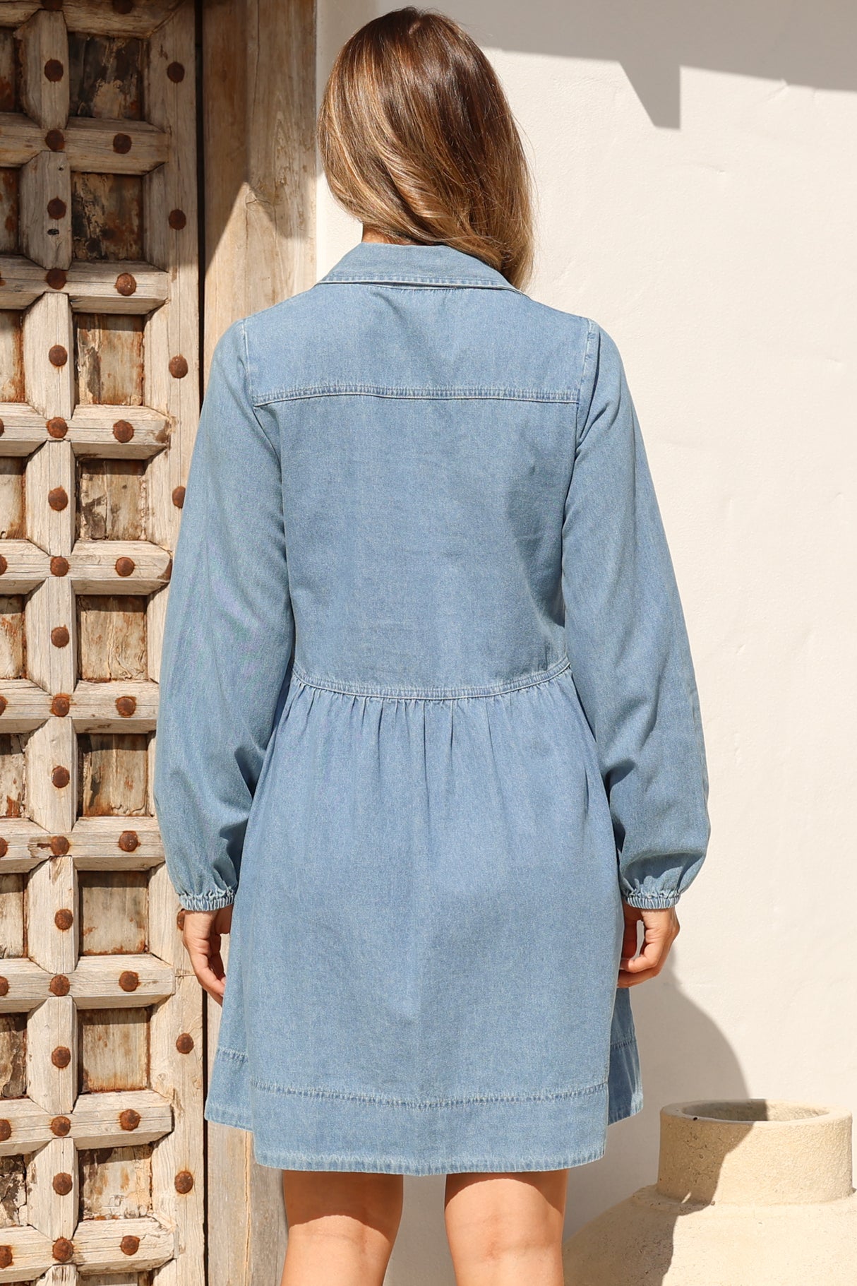 Gerri Mini Dress - Wing Collar Button Down Smock Denim Dress in Mid Denim Wash