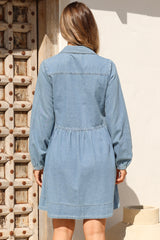 Gerri Mini Dress - Wing Collar Button Down Smock Denim Dress in Mid Denim Wash