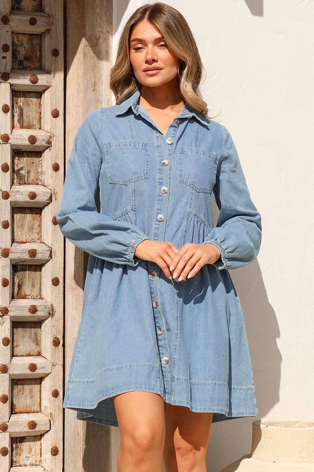 Gerri Mini Dress - Wing Collar Button Down Smock Denim Dress in Mid Denim Wash