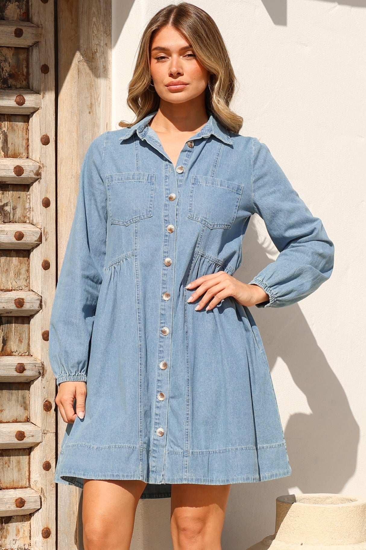 Gerri Mini Dress - Wing Collar Button Down Smock Denim Dress in Mid Denim Wash