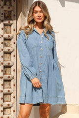 Gerri Mini Dress - Wing Collar Button Down Smock Denim Dress in Mid Denim Wash