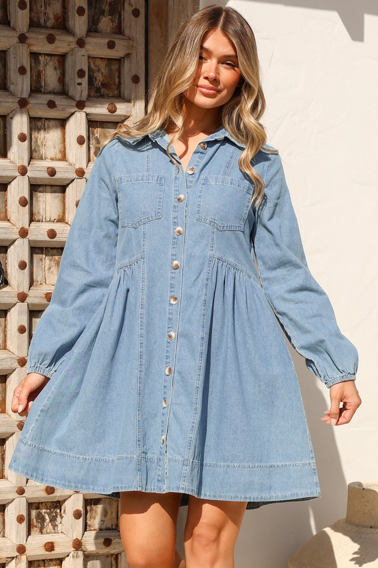 Gerri Mini Dress - Wing Collar Button Down Smock Denim Dress in Mid Denim Wash