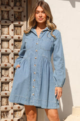 Gerri Mini Dress - Wing Collar Button Down Smock Denim Dress in Mid Denim Wash