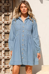 Gerri Mini Dress - Wing Collar Button Down Smock Denim Dress in Mid Denim Wash