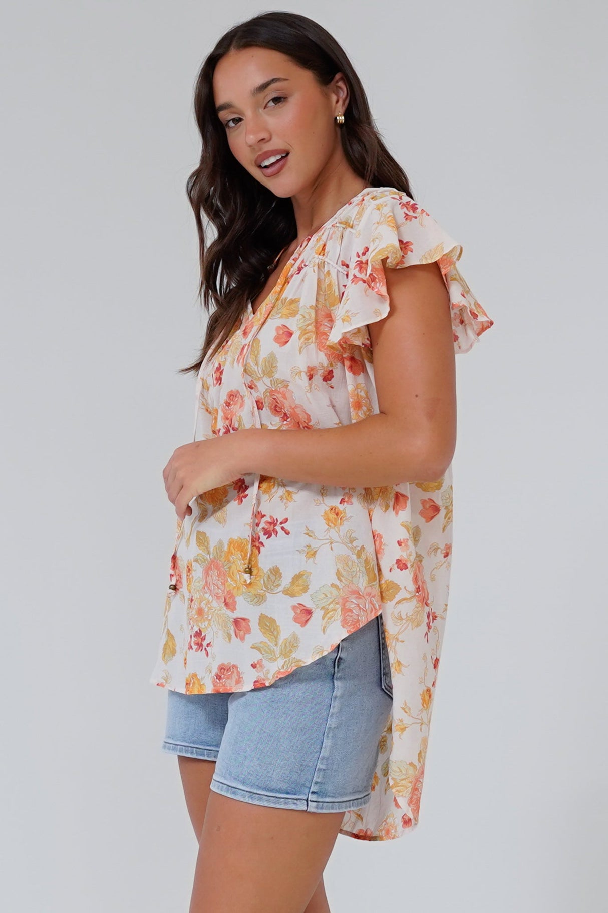 Giada Top - Flutter Sleeve High-Low Scoop Hem Top in Alynda Print