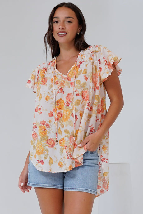 Giada Top - Flutter Sleeve High-Low Scoop Hem Top in Alynda Print