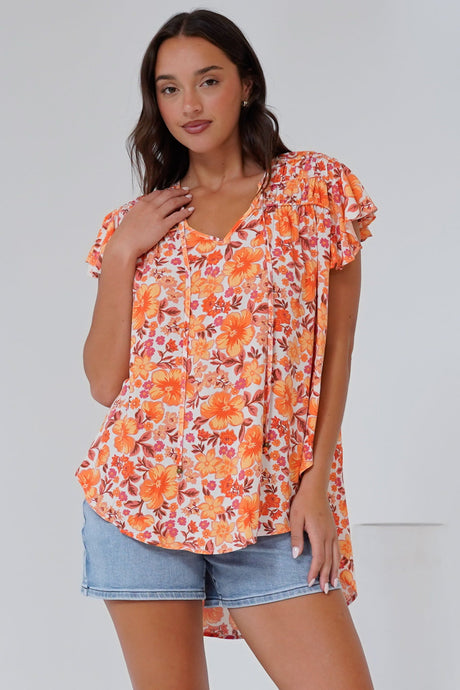 Giada Top - Flutter Sleeve High-Low Scoop Hem Top in Mahendra Print