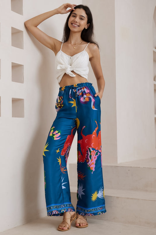 Giani Pants - Highwaisted Silk Look Straight Leg Pants in Leanne Print Blue