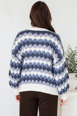 Gianni Cardigan - Open Bubble Knit with Pockets and Rib Knit Trims in Blue