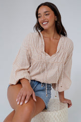 Gidget Top - Pull Over Top with Beaded Accent Double Neck Tie in Gingham Beige