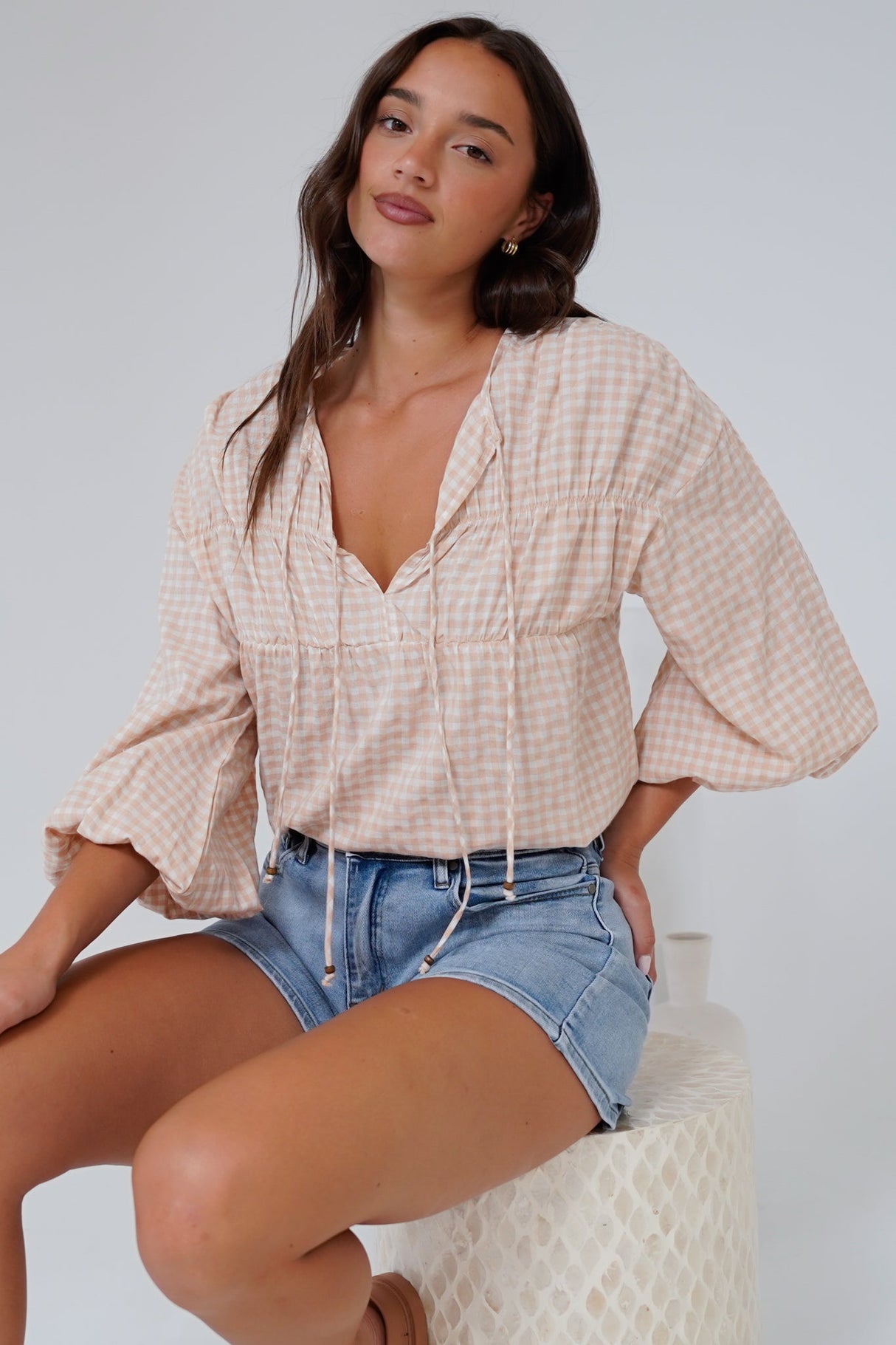 Gidget Top - Pull Over Top with Beaded Accent Double Neck Tie in Gingham Beige