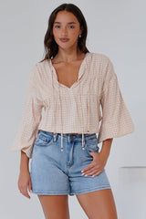 Gidget Top - Pull Over Top with Beaded Accent Double Neck Tie in Gingham Beige