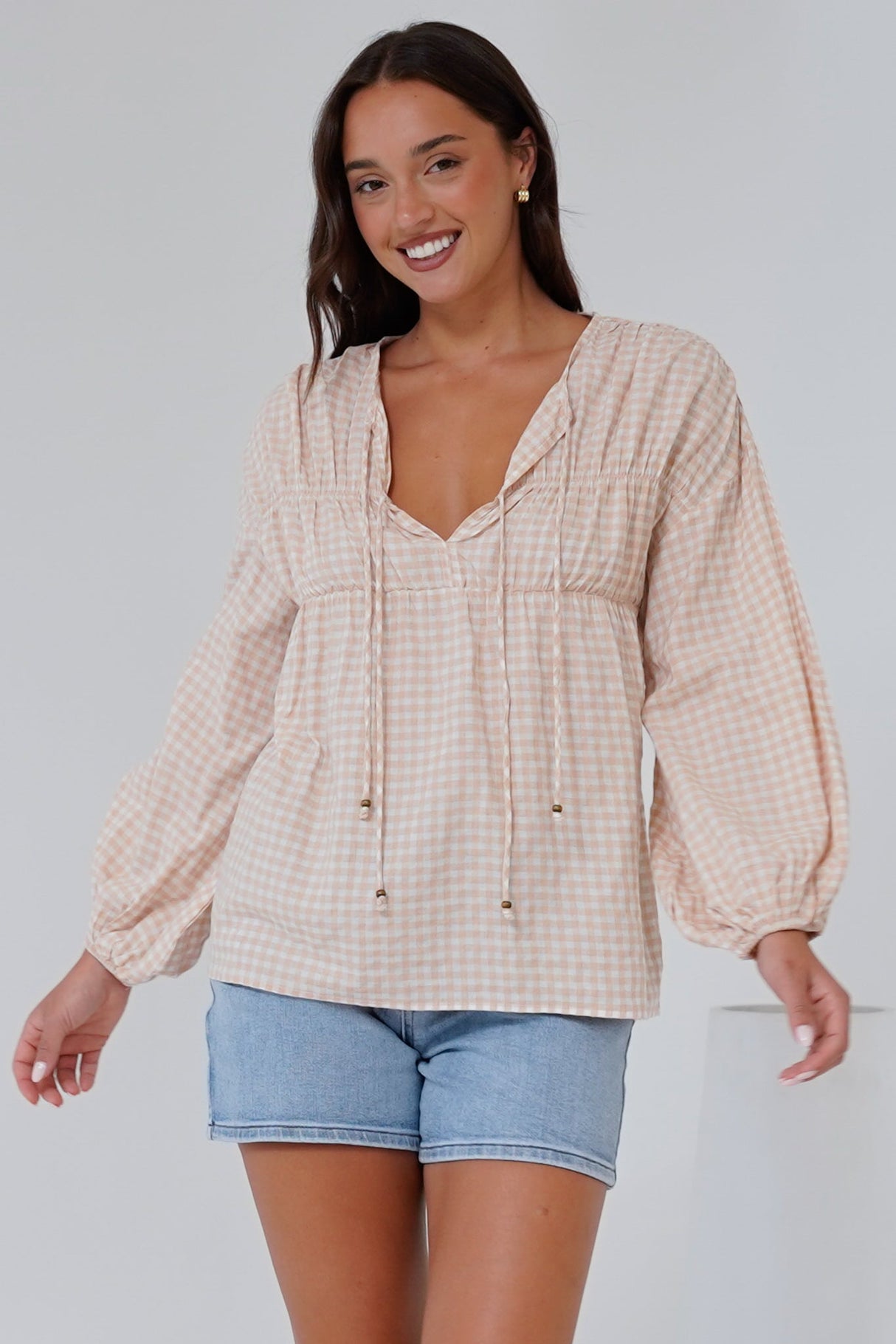 Gidget Top - Pull Over Top with Beaded Accent Double Neck Tie in Gingham Beige