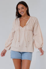 Gidget Top - Pull Over Top with Beaded Accent Double Neck Tie in Gingham Beige