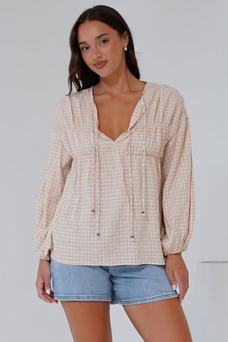 Gidget Top - Pull Over Top with Beaded Accent Double Neck Tie in Gingham Beige