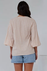 Gidget Top - Pull Over Top with Beaded Accent Double Neck Tie in Gingham Beige