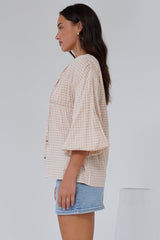Gidget Top - Pull Over Top with Beaded Accent Double Neck Tie in Gingham Beige