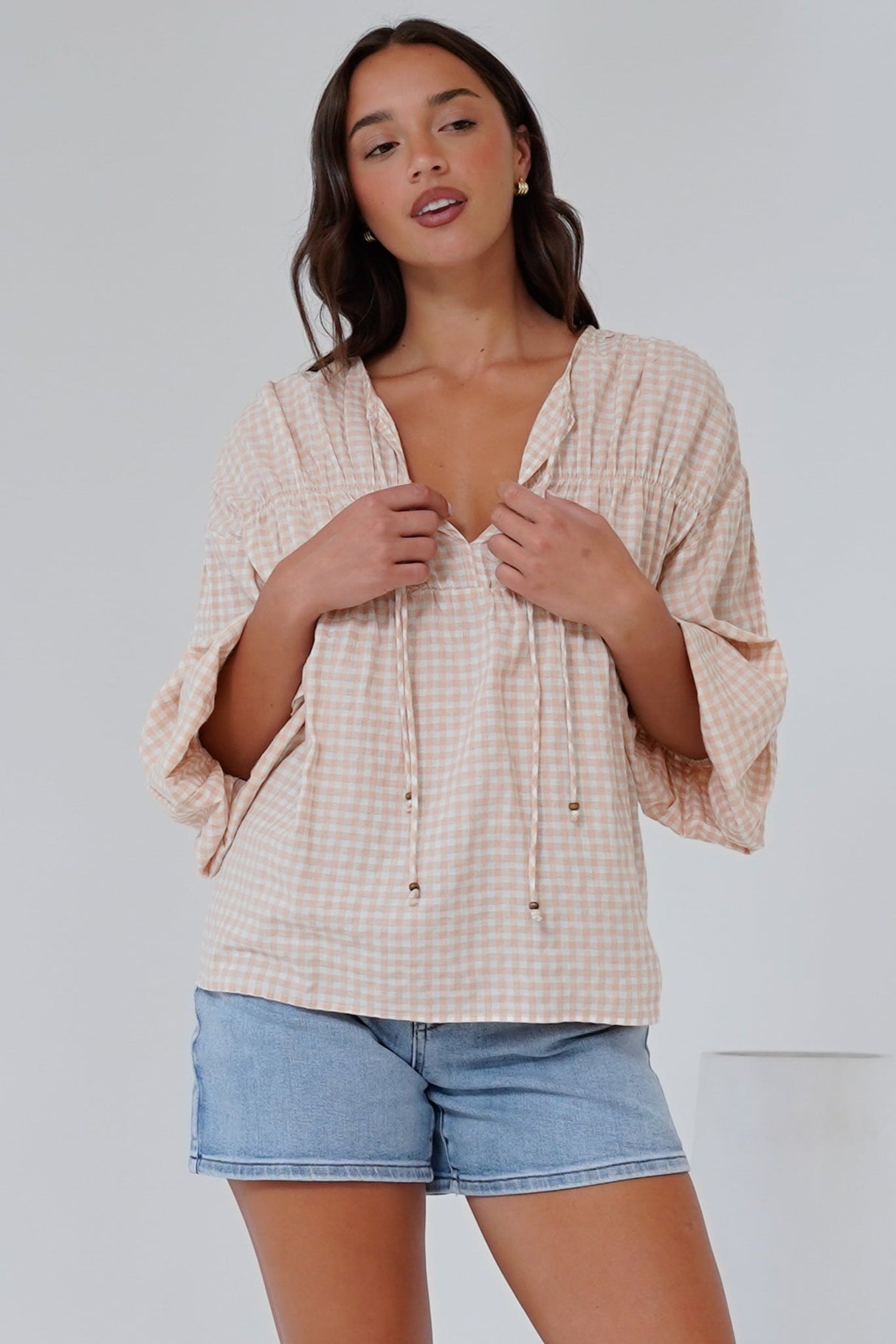 Gidget Top - Pull Over Top with Beaded Accent Double Neck Tie in Gingham Beige