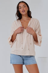 Gidget Top - Pull Over Top with Beaded Accent Double Neck Tie in Gingham Beige