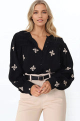 Gigi Blouse - Floral Embroidery Frill Collar Button Down Blouse in Black
