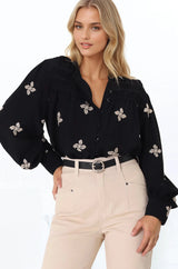 Gigi Blouse - Floral Embroidery Frill Collar Button Down Blouse in Black