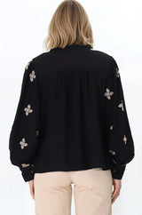 Gigi Blouse - Floral Embroidery Frill Collar Button Down Blouse in Black