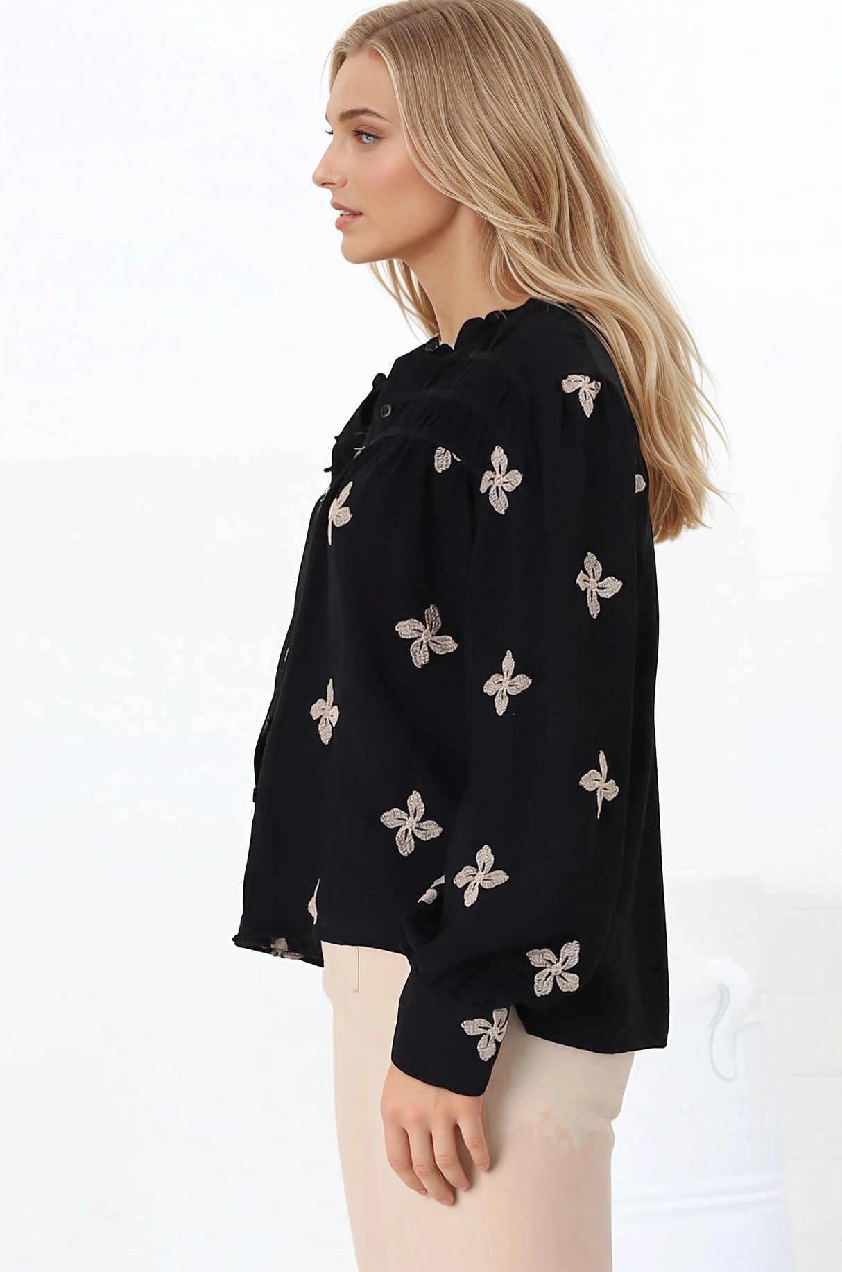 Gigi Blouse - Floral Embroidery Frill Collar Button Down Blouse in Black