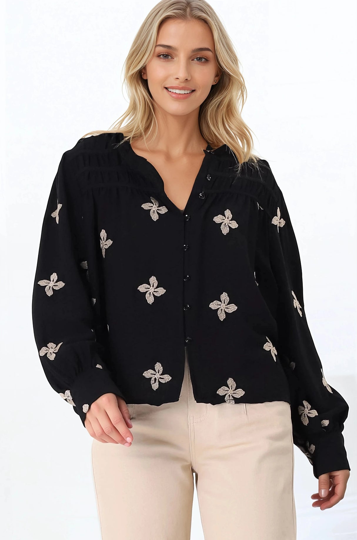 Gigi Blouse - Floral Embroidery Frill Collar Button Down Blouse in Black