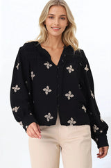 Gigi Blouse - Floral Embroidery Frill Collar Button Down Blouse in Black