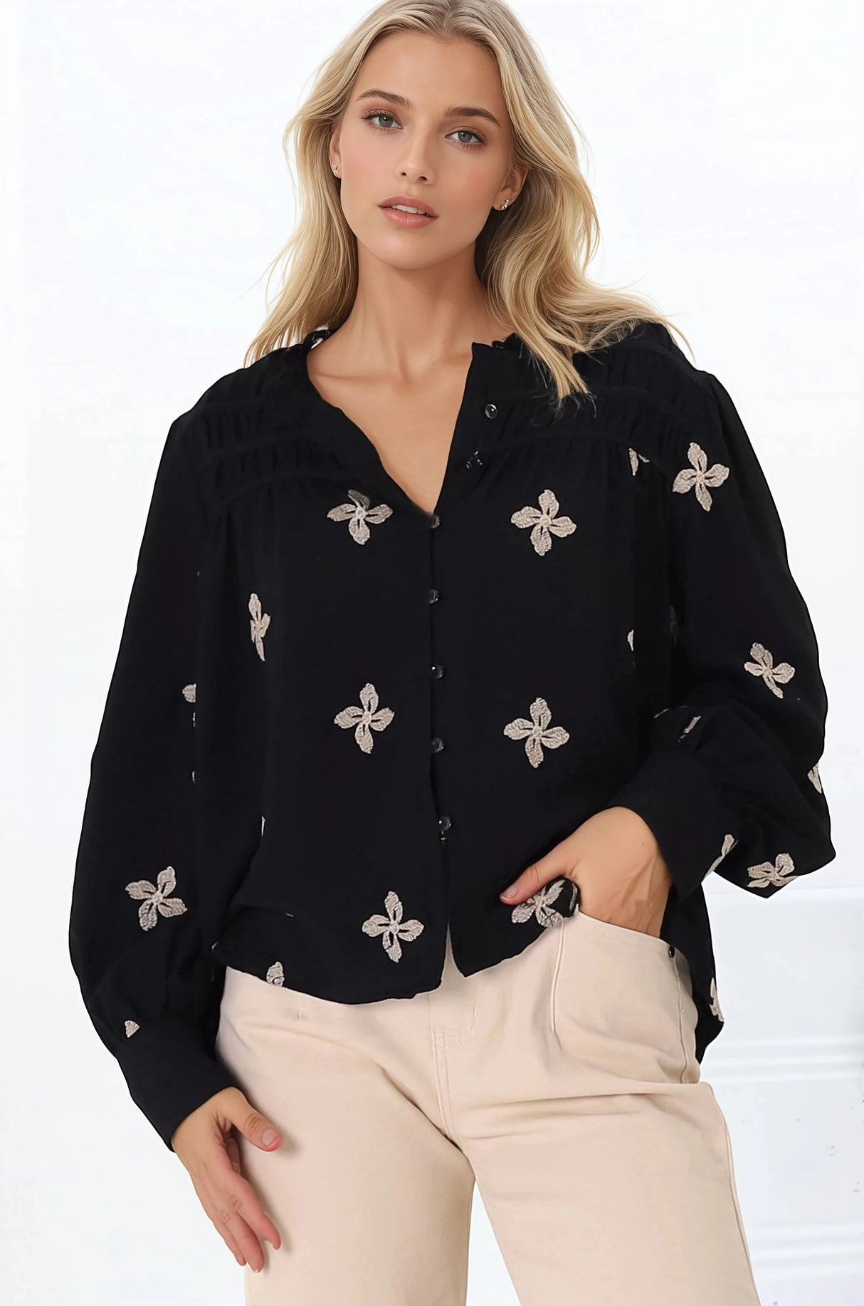 Gigi Blouse - Floral Embroidery Frill Collar Button Down Blouse in Black
