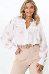Gigi Blouse - Floral Embroidery Frill Collar Button Down Blouse in White
