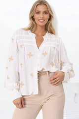 Gigi Blouse - Floral Embroidery Frill Collar Button Down Blouse in White