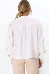 Gigi Blouse - Floral Embroidery Frill Collar Button Down Blouse in White