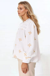 Gigi Blouse - Floral Embroidery Frill Collar Button Down Blouse in White