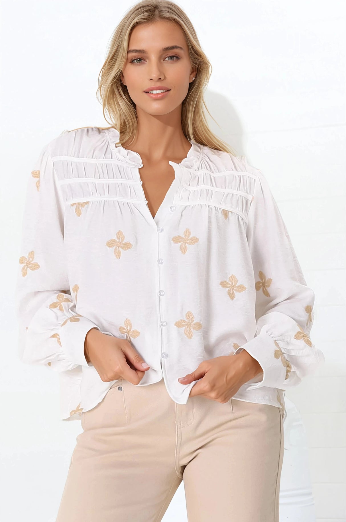 Gigi Blouse - Floral Embroidery Frill Collar Button Down Blouse in White