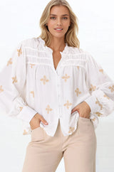 Gigi Blouse - Floral Embroidery Frill Collar Button Down Blouse in White