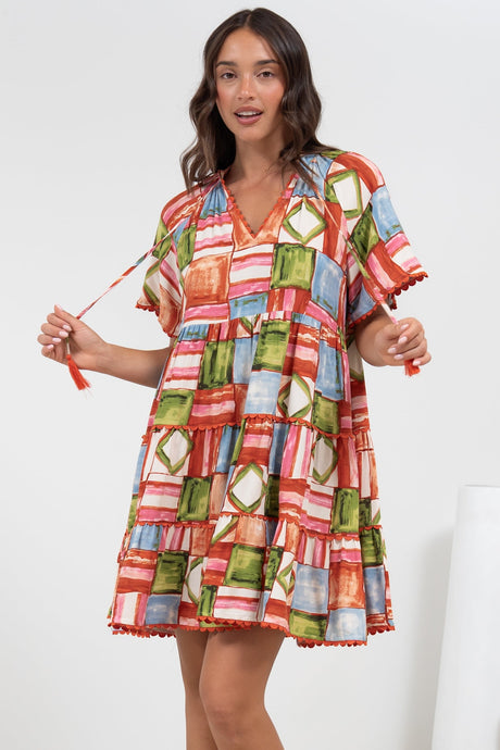 Ginley Mini Dress - V-Neck Scallop Spliced Tiered Dress in Tami Print