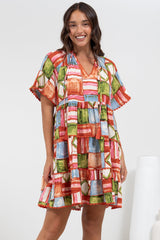 Ginley Mini Dress - V-Neck Scallop Spliced Tiered Dress in Tami Print