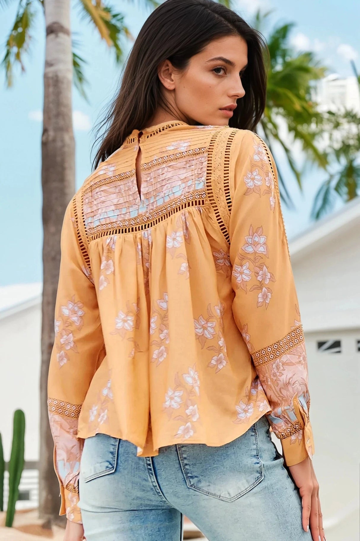 JAASE - Ginny Blouse: Lace High Neck Pull Over Blouse in Mango Paper Crane Print