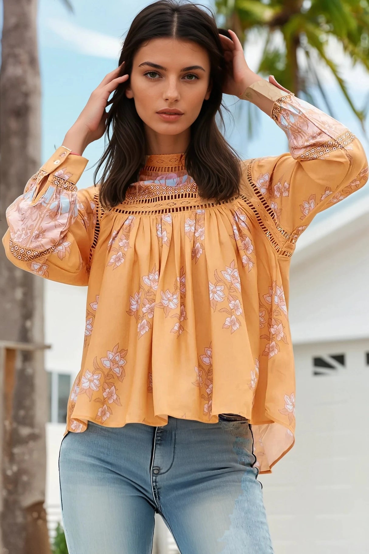 JAASE - Ginny Blouse: Lace High Neck Pull Over Blouse in Mango Paper Crane Print