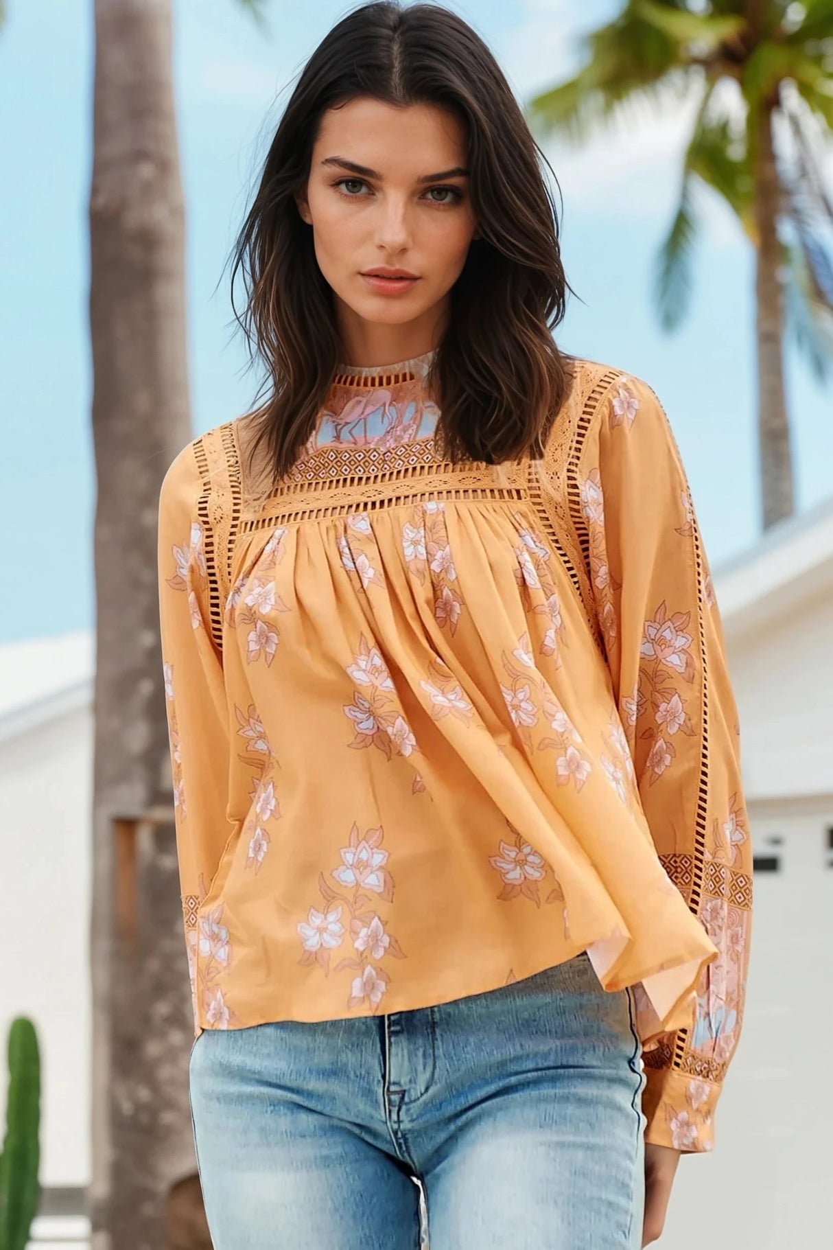 JAASE - Ginny Blouse: Lace High Neck Pull Over Blouse in Mango Paper Crane Print